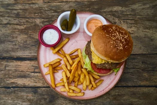 classic beef burger with pickles onions